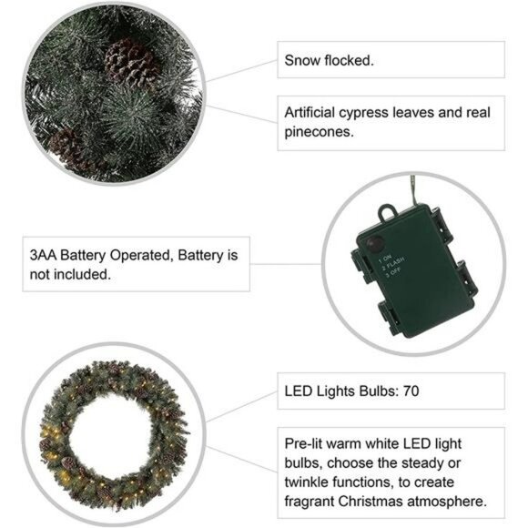 42" D Oversized Pre-Lit Christmas Wreath with 70 Warm White Lights - Picture 4 of 7